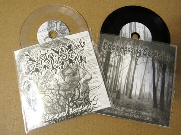 DECOMPOSING SERENITY - Repugnant Necrologies / Within The Depths Of The Ancient Forest That Is Dark And Very Scarey Inside cover 